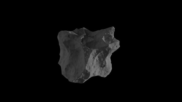 Gray asteroid, meteor flying in the space isolated on a black background with luma matte. Spinning stone 4K 3D render animation in slow motion.