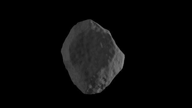 Gray asteroid, meteor flying in the space isolated on a black background with luma matte. Spinning stone 4K 3D render animation in slow motion.
