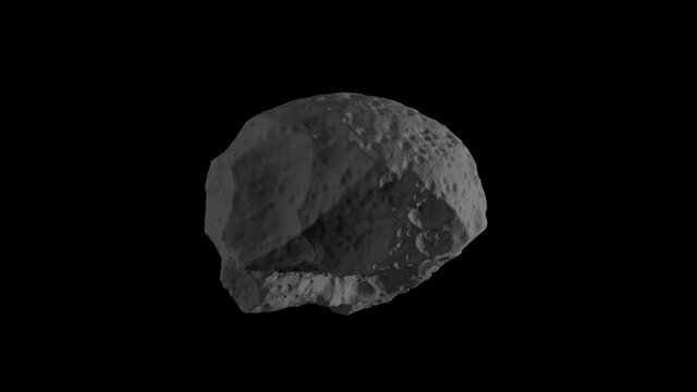 Gray asteroid, meteor flying in the space isolated on a black background with luma matte. Spinning stone 4K 3D render animation in slow motion.