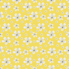 A blooming floral pattern in blooming botanical motifs is scattered randomly. Seamless vector texture. For fashionable prints. Print in a hand-drawn style on a yellow background, vector