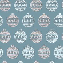 Christmas seamless pattern with Christmas balls in pastel colors and blue. Christmas toys print in scandi style with ornament