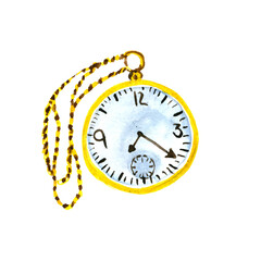 watercolor illustration round gold pocket watch on a chain