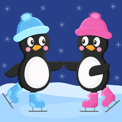 Penguins ride on a skating rink by the hands