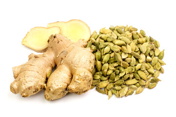 Ginger and cardamom isolated on white background.