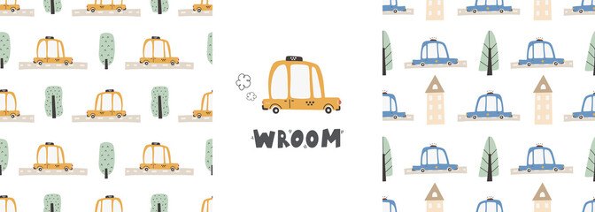 Cute children's seamless pattern with trucks and diggers in Scandinavian style on a white background. Building equipment. Funny construction transport