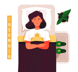The woman lies in bed and cannot sleep. insomnia, anxiety. Vector illustration