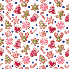 Christmas seamless background. Colorful Gingerbread cookies and fruits. Traditional pattern for wrapping paper, banners, pajamas. Raster