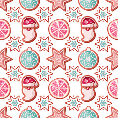 Christmas seamless background. Gingerbread Santa Claus cookies and fruits. Ornamental pattern for wrapping paper, banners, pajamas. Raster