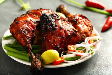 Arabian cooking- tasty grilled chicken- traditional Arabic recipes background.