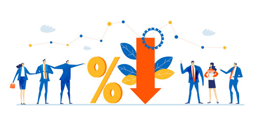 Business people working next to percentage sign. Economy, finance industry, research, advisory, analysing data. Business concept  illustration 