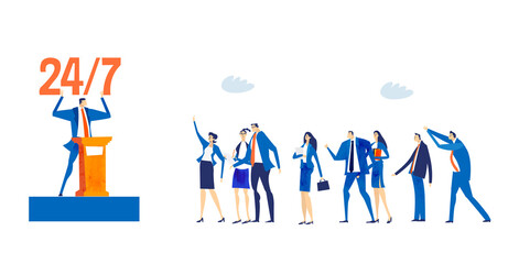 Business people working 24x7.  Support and help, Economy, finance industry, research, advisory, analysing data. Business concept  illustration 