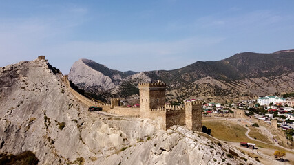beautiful view of the ancient Genoese fortress on the Black Sea coast in Sudak.