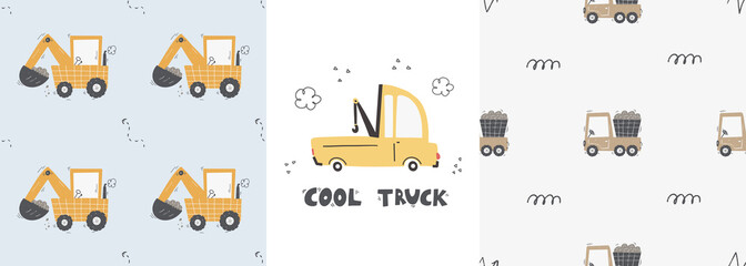 Cute children's seamless pattern with trucks and diggers in Scandinavian style on a white background. Building equipment. Funny construction transport Digital paper
