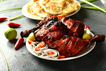 Delicious street foods background- crispy grilled chicken . Indian non vegetarian recipes.