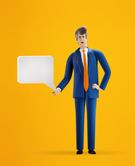 3D rendering illustration. Businessman holds  speech bubble with space for text