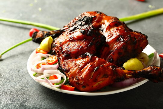 Delicious street foods background- crispy grilled chicken . Indian non vegetarian recipes.