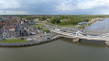 Aerial panorama shot of Temse bridge over the river Scheldt in Antwerp. Drone aerial view from above