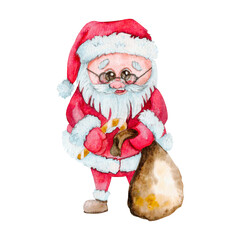 Cartoon Santa Claus watercolor. Santa Claus character with gift, bag with presents layer path, clipping path isolated on white background. For Christmas cards, banners, tags and labels