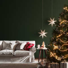 Christmas interior with Christmas tree and empty green wall background 3D Rendering, 3D Illustration
