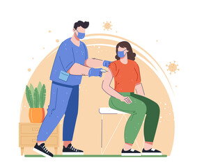 Coronavirus vaccination, doctor injecting a patient, getting first shot of covid vaccine in arm muscle vector illustration. Doctor in protective suit and mask, process of immunization against covid-19