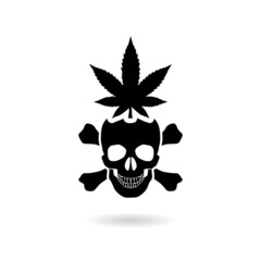 Human skull with marijuana leaf icon with shadow