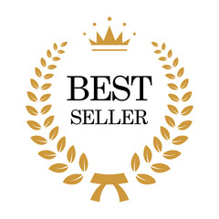 Best seller golden laurel wreath with crown and black text. Vector quality badge, emblem, reward or certified product. Winner trophy isolated on white background.