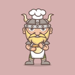 cute cartoon viking character making a cake. vector illustration for mascot logo or sticker