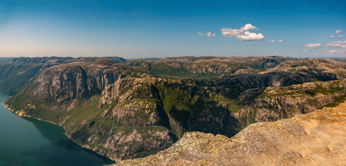 Panorama view of Lysefjord and Kjerag,Preikestolen  mountains in Norway.