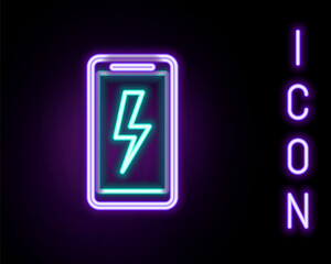 Glowing neon line Smartphone charging battery icon isolated on black background. Phone with a low battery charge. Colorful outline concept. Vector
