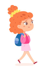 Cute girl walking with schoolbag, back to school and study concept with little schoolgirl