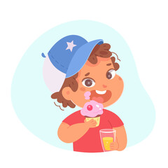 Kid eating chocolate sweet dessert with cream, child holding cupcake and glass of juice