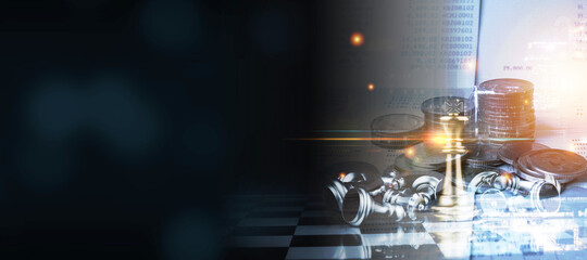 Fototapeta premium wide banner. multi exposure chess piece on chess board game with money coin and book bank account with dark background, investment, team leader, savings, business strategy, finance, banking concept