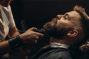 Young bearded man getting beard haircut by hairdresser - obrazy, fototapety, plakaty