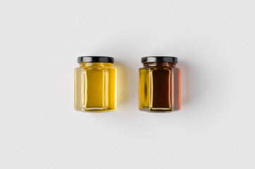 Hexagonal honey jars mockup. Two different colors.