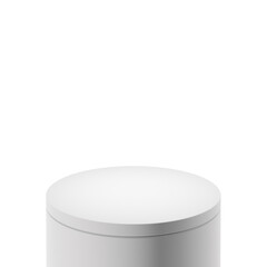 Light gray color cylindrical podium, on white background. Monochromatic mock up pedestal design for display case,  showcase, shopfront. 3d illustration.