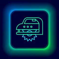 Glowing neon line Electric circular saw with steel toothed disc icon isolated on black background. Electric hand tool for cutting wood or metal. Colorful outline concept. Vector