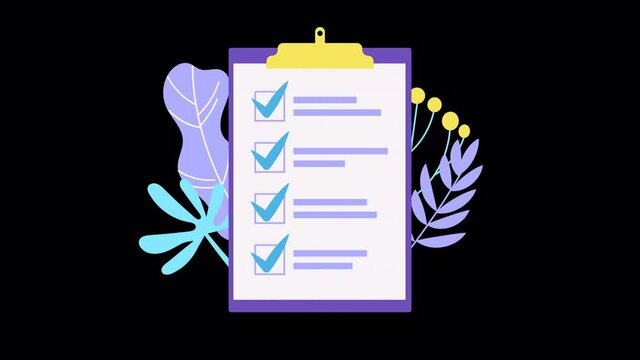 clipboard with checklist 2d flat animation with ALPHA channel. to-do list and business planning project. complete tasks, checkmarks. achievement and goals. questionnaire. cartoon style stock footage