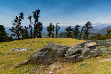 Fototapeta na wymiar Huge rock on Bugyal, alpine pasture lands, or meadows, in higher elevation range of Himalayas in Uttarakhand, called nature’s own gardens. View of Himalayas on Trekking route to Tunganath.