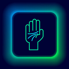 Obraz premium Glowing neon line Palmistry of the hand icon isolated on black background. Colorful outline concept. Vector