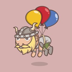 cute cartoon viking character floating using balloons. vector illustration for mascot logo or sticker