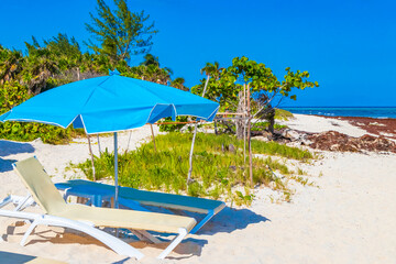 Tropical beach parasols sunbeds Punta Esmeralda Playa del Carmen Mexico.