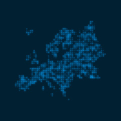 Europe dotted glowing map. Shape of the continent with blue bright bulbs. Vector illustration.