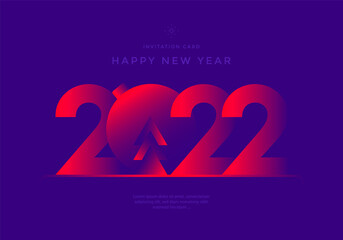 Happy New Year 2022 greeting card with red numbers on blue background. Modern poster for Merry Christmas.