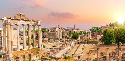 Obraz na płótnie Canvas Roman Forum sunset panorama, full view of the ruins, Rome, Italy