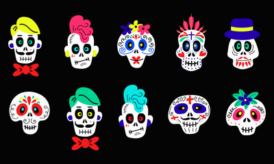 Collection of funny colorful cartoon skulls of different types on black background for Halloween and Day of the dead celebration concept designs