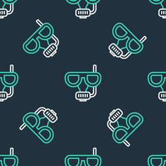 Line Diving mask and snorkel icon isolated seamless pattern on black background. Extreme sport. Diving underwater equipment. Vector