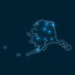Alaska network map. Abstract geometric map of the US state. Digital connections and telecommunication design. Glowing internet network. Artistic vector illustration.