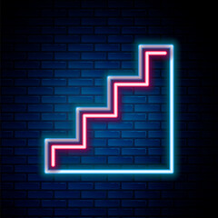 Glowing neon line Staircase icon isolated on brick wall background. Colorful outline concept. Vector
