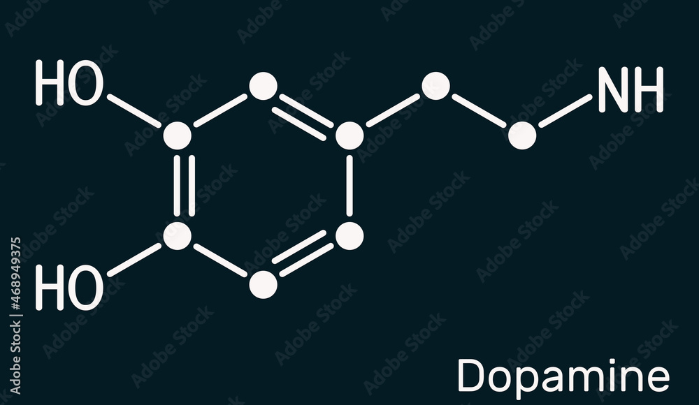 Canvas Prints Dopamine,DA molecule. It is monoamine neurotransmitter, neuromodulator, medication. Skeletal chemical formula on the dark blue background