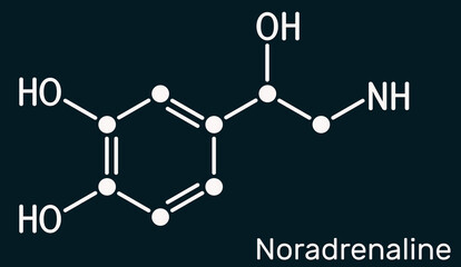 Noradrenaline, NA, norepinephrine , NE molecule. It is hormone, monoamine neurotransmitter, neuromodulator, medication. Skeletal chemical formula. Dark blue background